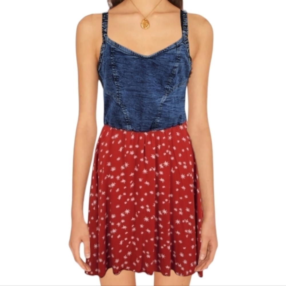 Angie denim dress with red and white star pattern bottom‎ size m